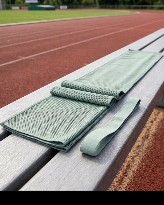 Tastl Trailmesh Cooling Towel 10 x 44 in Fog Green - Lifestyle view